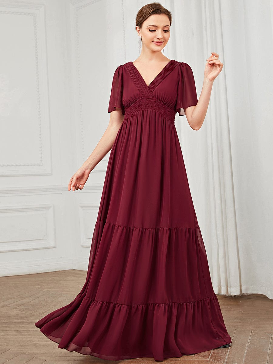 Chiffon V-Neck Short Sleeve Vintage Prairie Tiered Maxi Maternity Bridesmaid Dress