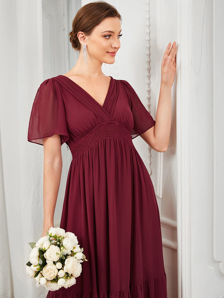 Chiffon V-Neck Short Sleeve Vintage Prairie Tiered Maxi Maternity Bridesmaid Dress