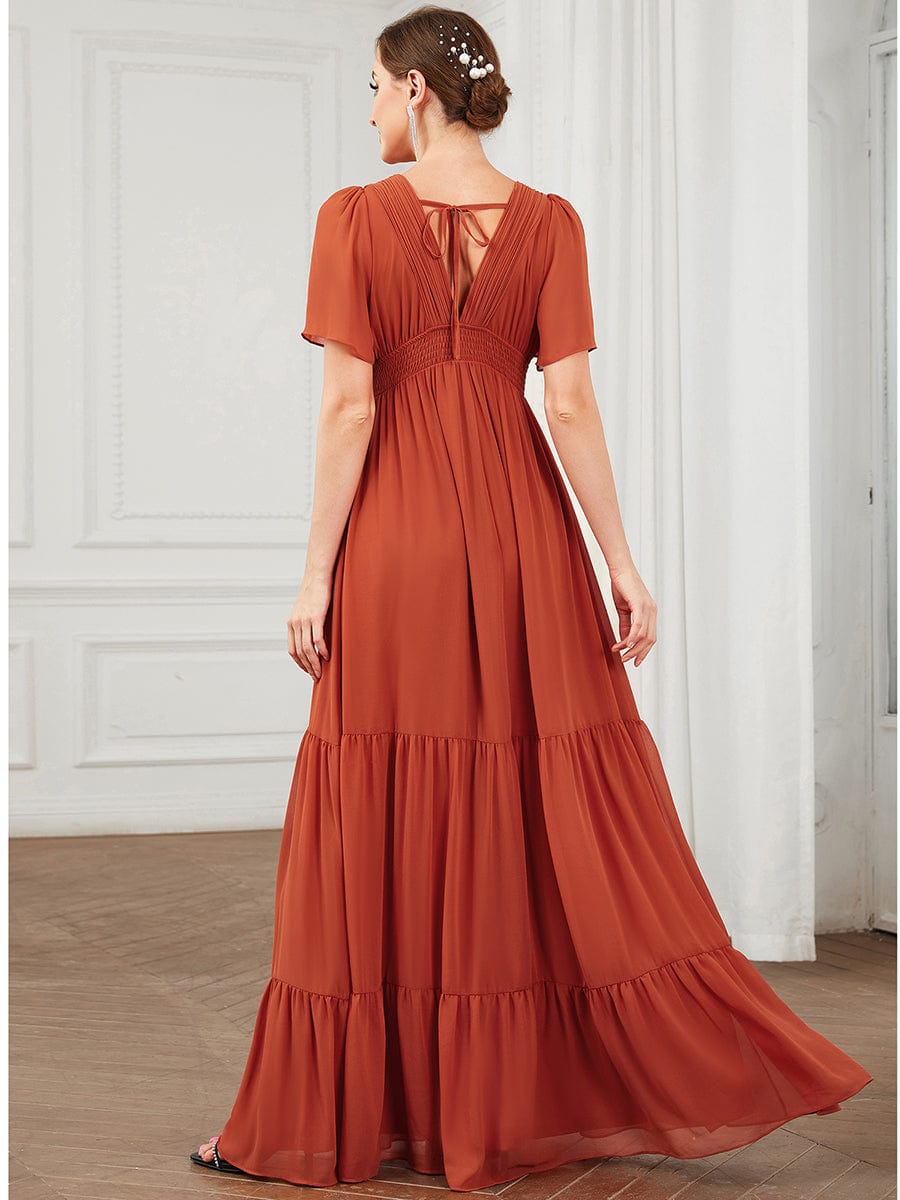 Chiffon V-Neck Short Sleeve Vintage Prairie Tiered Maxi Bridesmaid Dress #Color_Burnt Orange