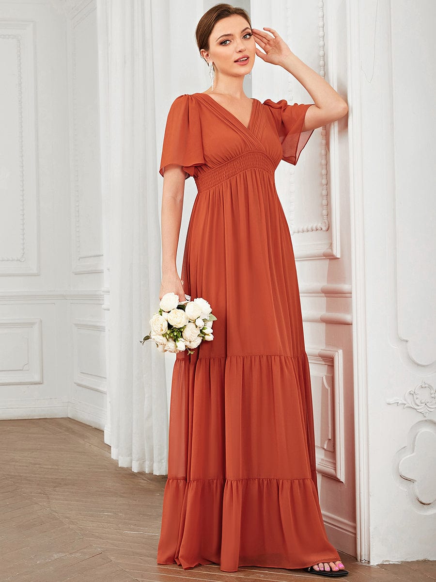 Chiffon V-Neck Short Sleeve Vintage Prairie Tiered Maxi Maternity Bridesmaid Dress