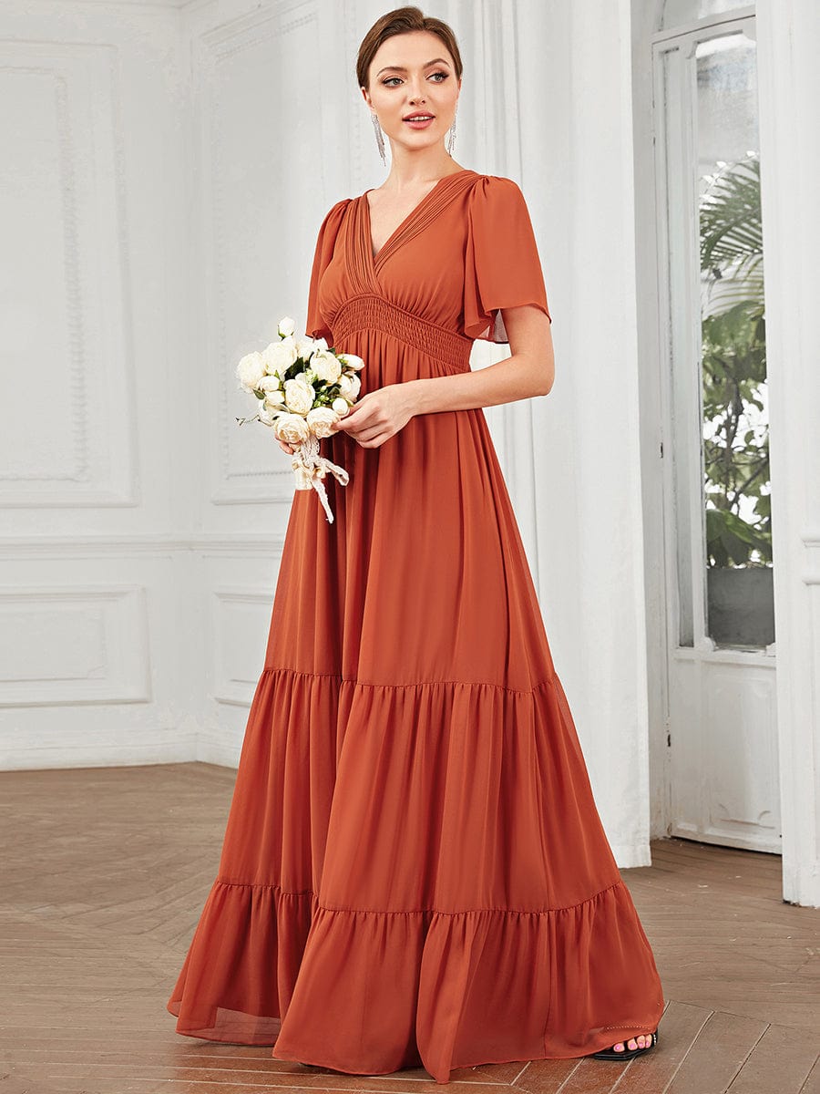 Chiffon V-Neck Short Sleeve Vintage Prairie Tiered Maxi Bridesmaid Dress #Color_Burnt Orange