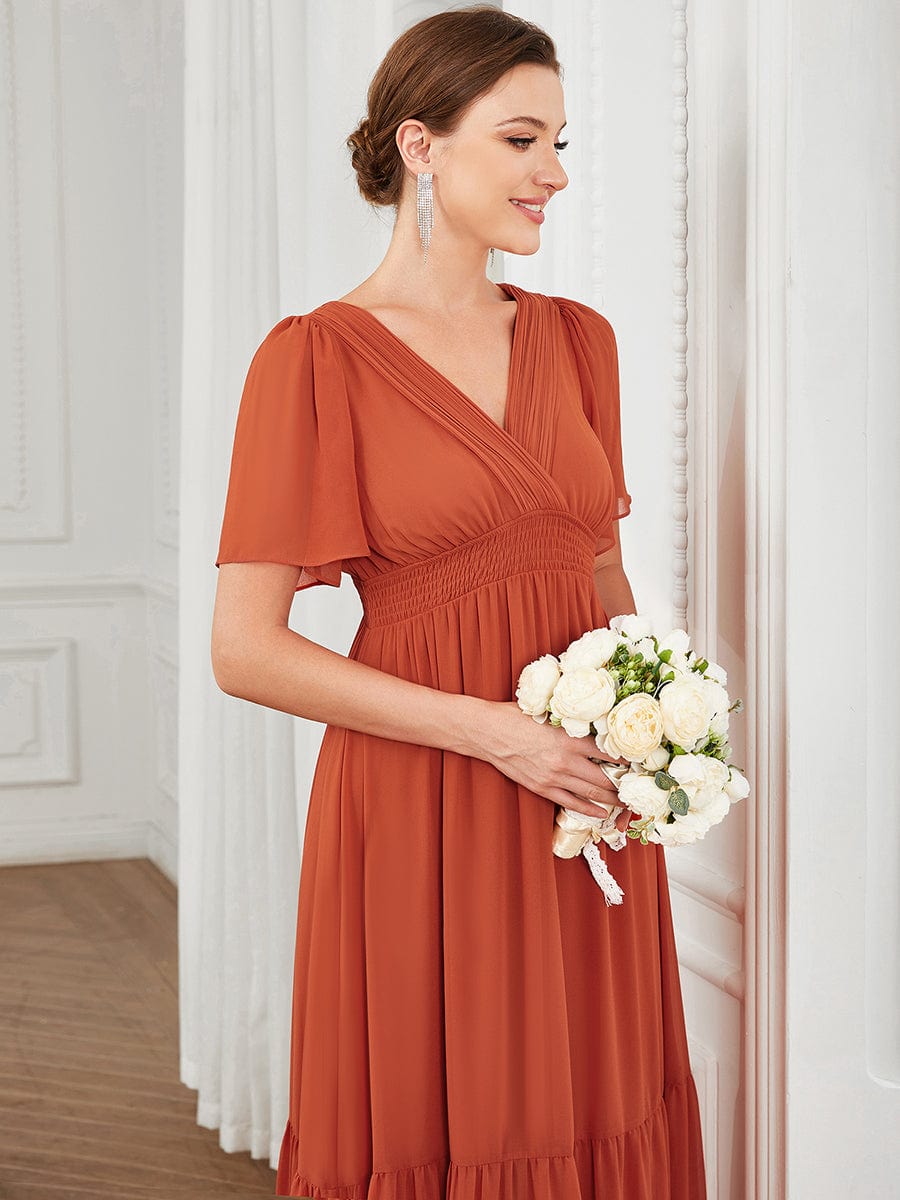 Chiffon V-Neck Short Sleeve Vintage Prairie Tiered Maxi Maternity Bridesmaid Dress