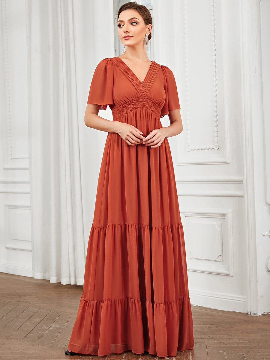 Chiffon V-Neck Short Sleeve Vintage Prairie Tiered Maxi Maternity Bridesmaid Dress