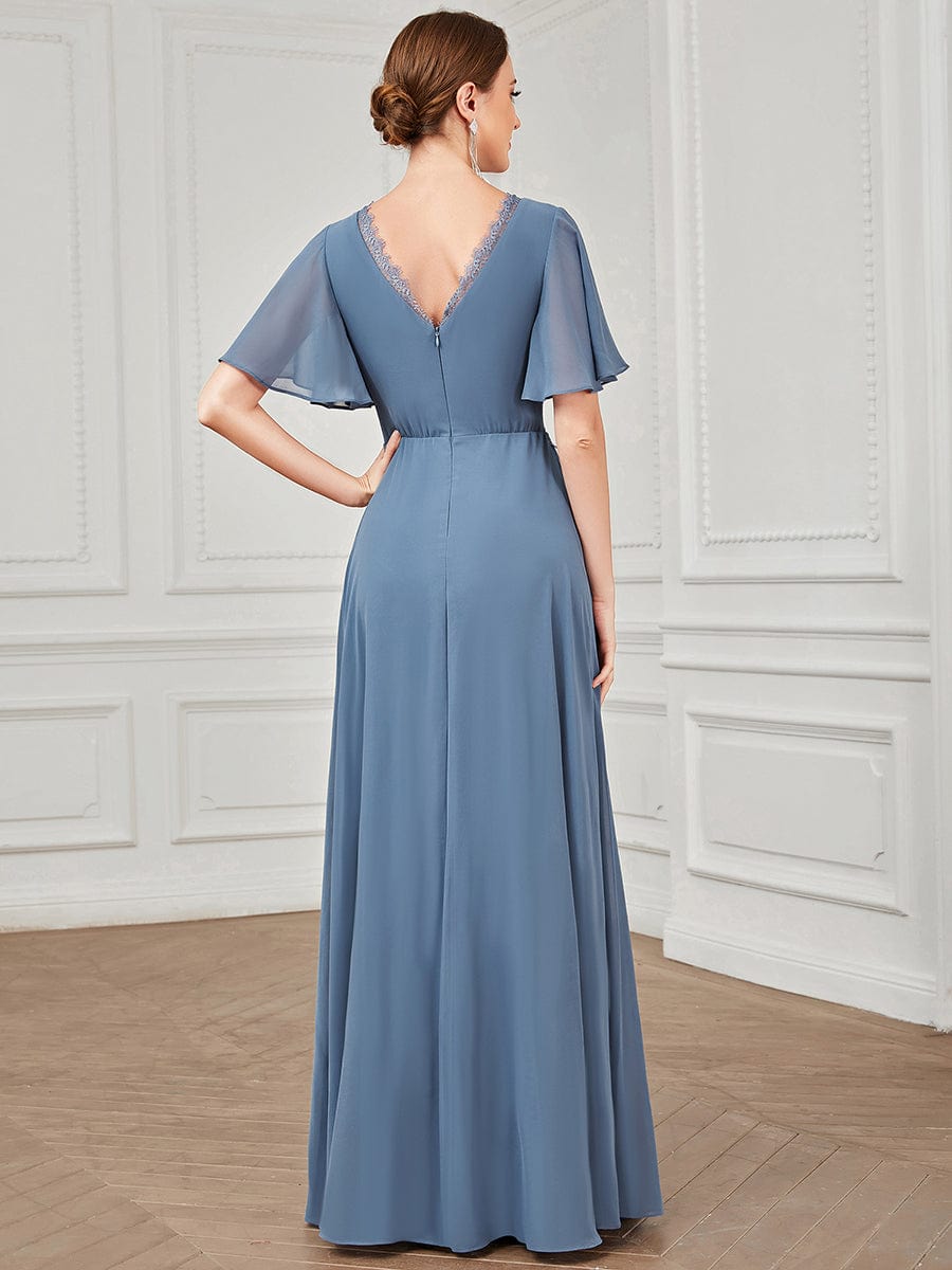 Flutter Short Sleeve Lace A-Line Pleated Chiffon Bridesmaid Dress #Color_Dusty Navy