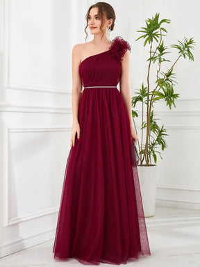 Ruffled One Shoulder Sequin Waist A-Line Tulle Bridesmaid Dress