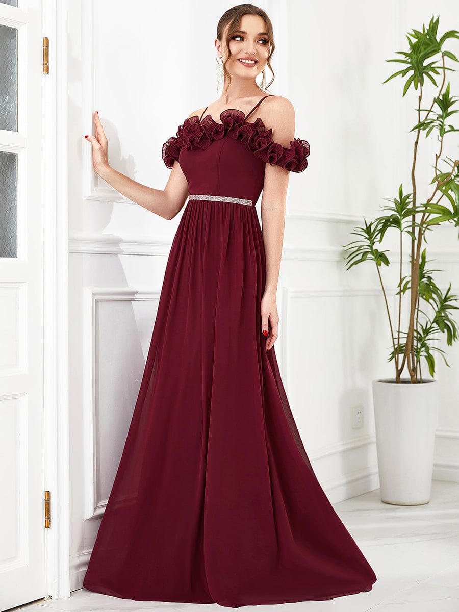 Cold Shoulder Ruffled Sequin Waist A-Line Chiffon Bridesmaid Dress