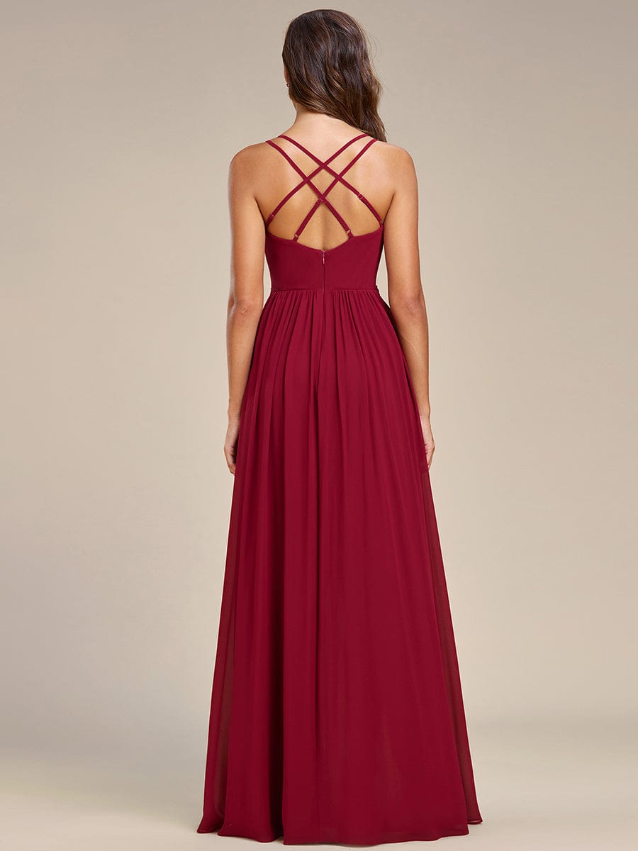 Chiffon Sweetheart Spaghetti Strap Ruffled Front Slit A-Line Bridesmaid Dress #color_Burgundy