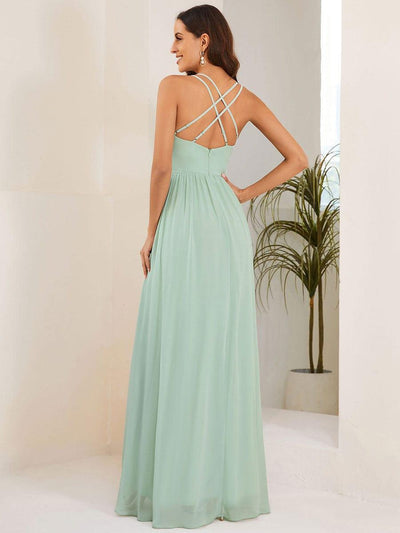 Chiffon Sweetheart Spaghetti Strap Ruffled Front Slit A-Line Bridesmaid Dress #color_Mint Green