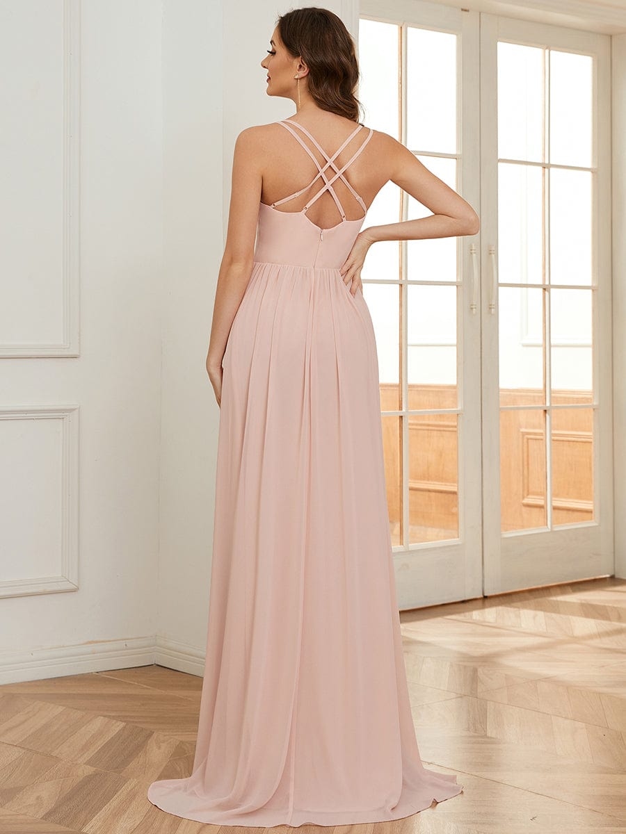 Chiffon Sweetheart Spaghetti Strap Ruffled Front Slit A-Line Bridesmaid Dress #color_Pink