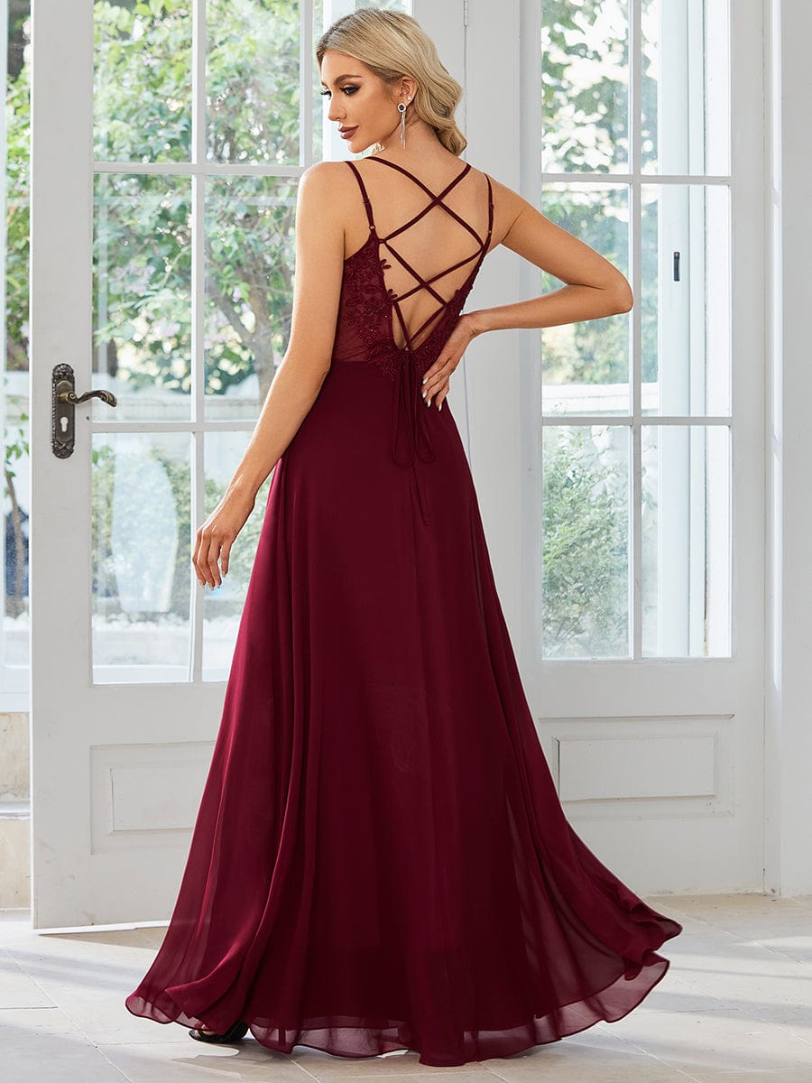 Chiffon and Lace Open Back Bridesmaid Dress with Spaghetti Straps #color_Burgundy