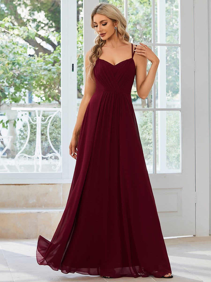 Chiffon and Lace Open Back Bridesmaid Dress with Spaghetti Straps #color_Burgundy
