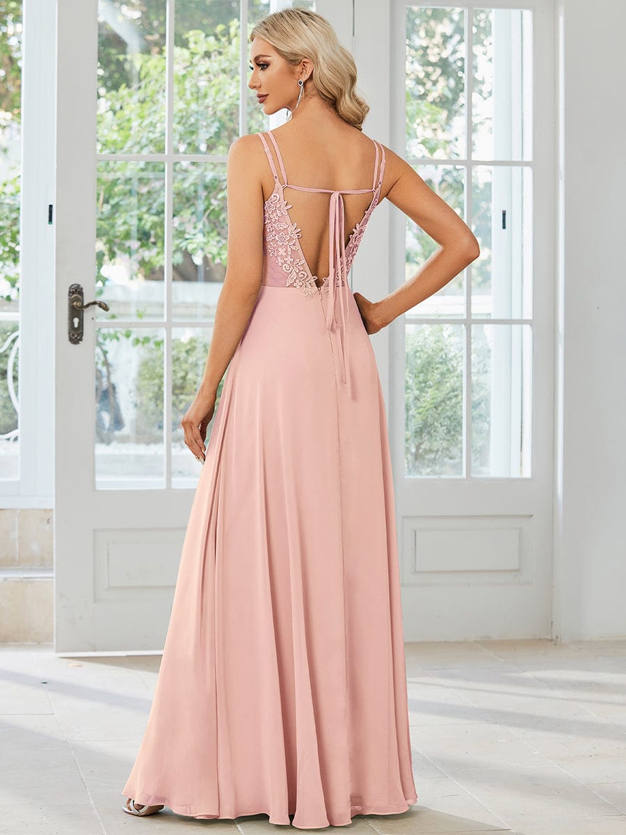 Chiffon and Lace Open Back Bridesmaid Dress with Spaghetti Straps #color_Pink
