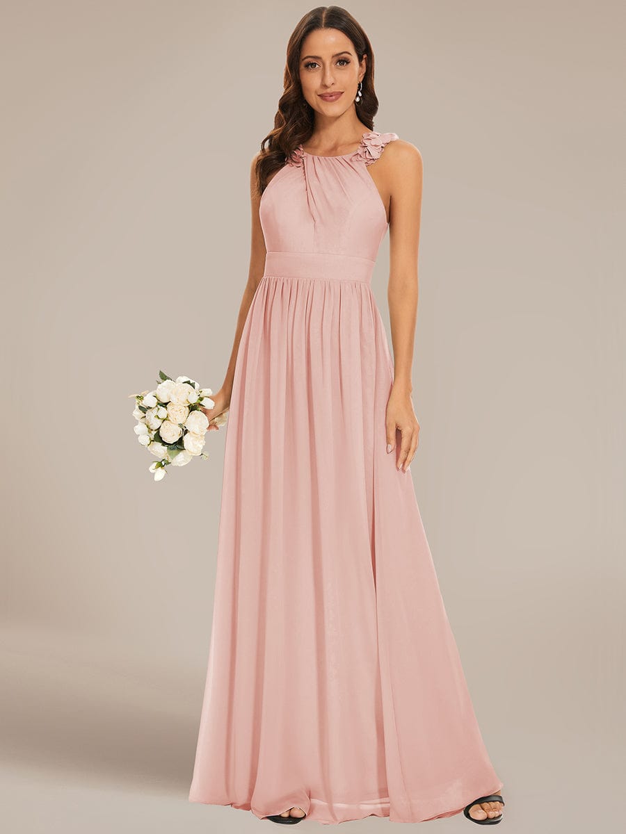 Sleeveless Floral Applique V-Neck A-Line Chiffon Bridesmaid Dress #color_Pink