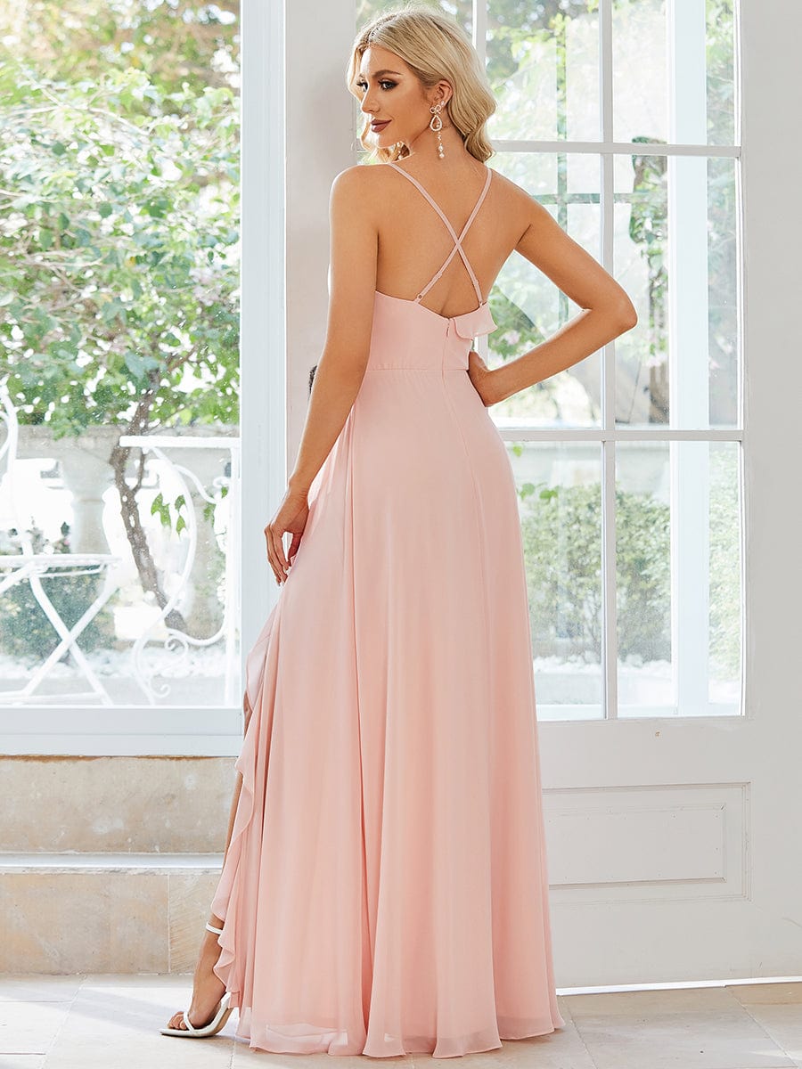 Custom Size Front Slit Sweetheart Crossed Back Tie Chiffon Bridesmaid Dress #color_Pink
