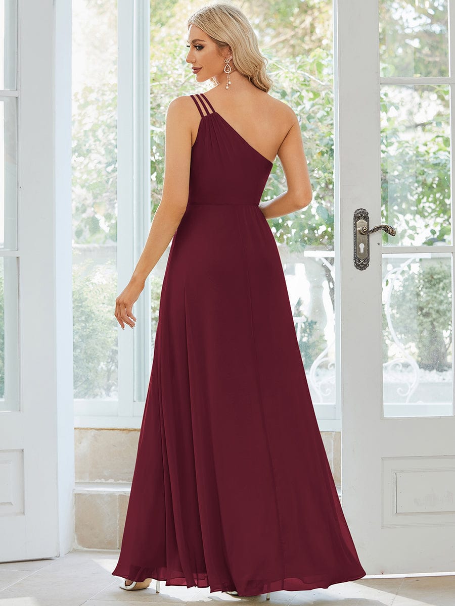 Flowy Chiffon One-Shoulder Bridesmaid Dress with Spaghetti Strap #color_Burgundy