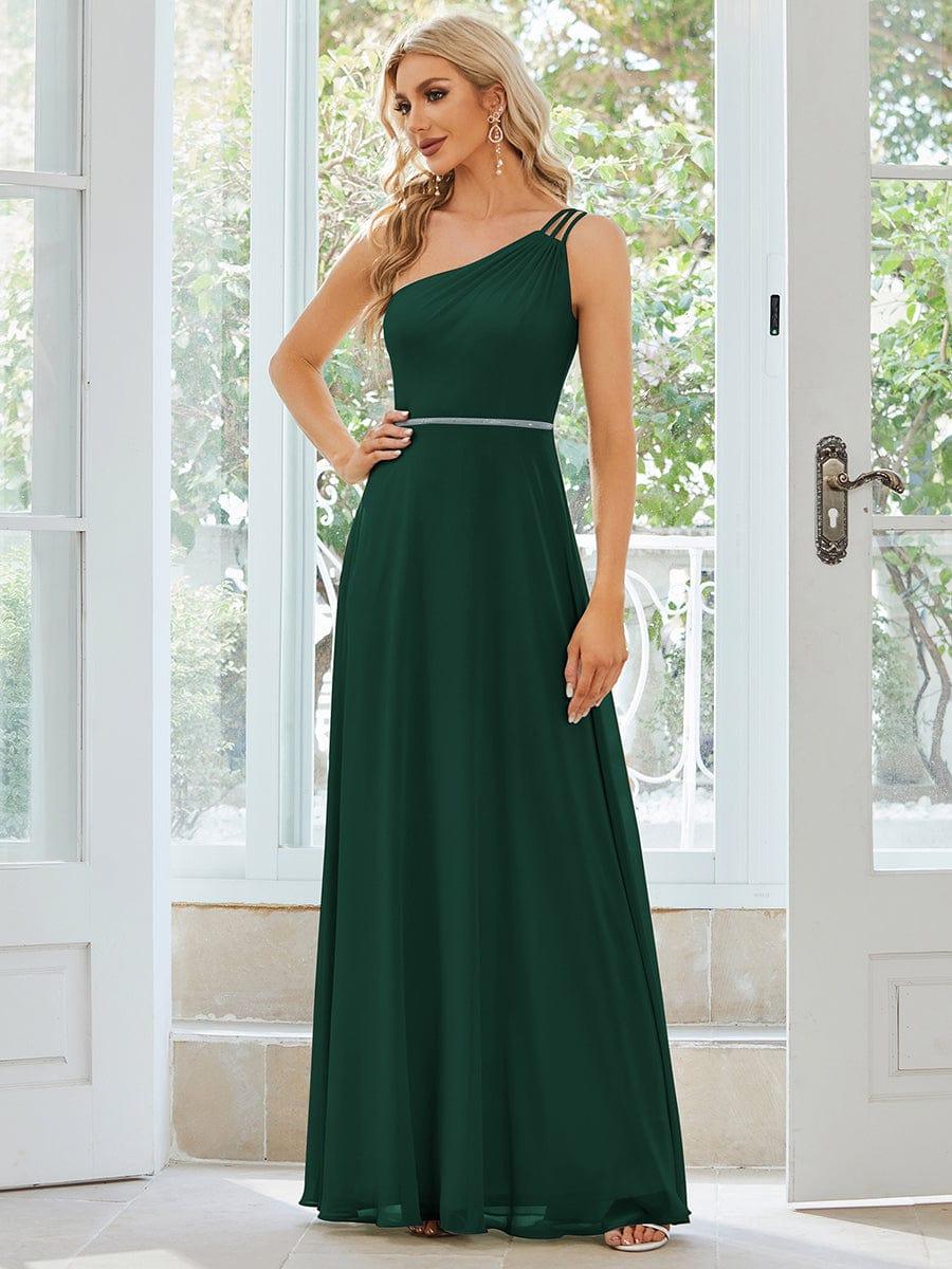 Flowy Chiffon One-Shoulder Bridesmaid Dress with Spaghetti Strap