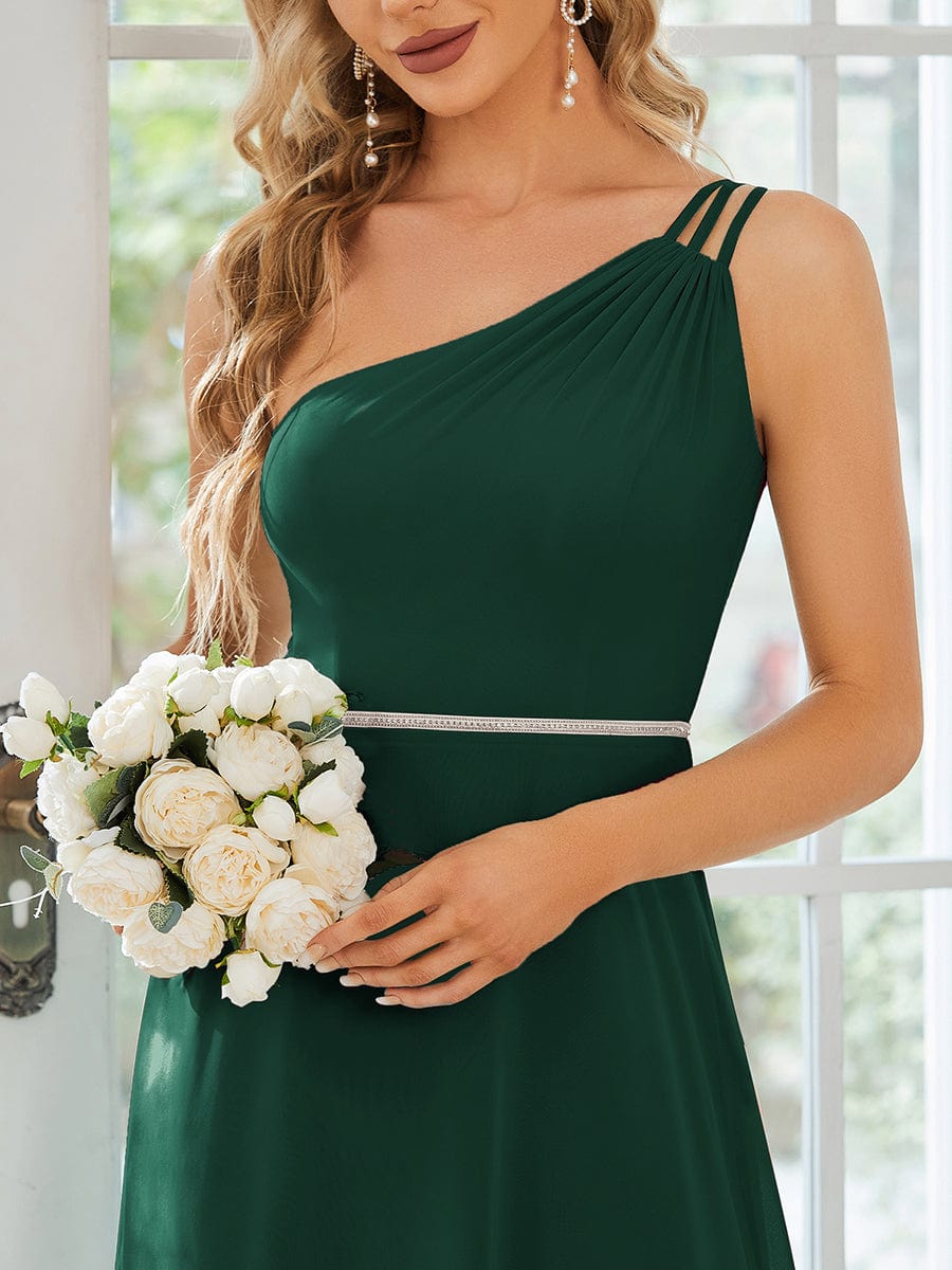 Flowy Chiffon One-Shoulder Bridesmaid Dress with Spaghetti Strap