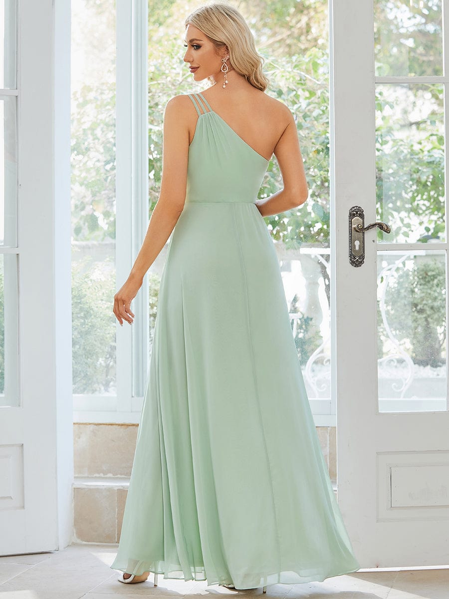 Custom Size Flowy Chiffon One-Shoulder Bridesmaid Dress with Spaghetti Strap #color_Mint Green