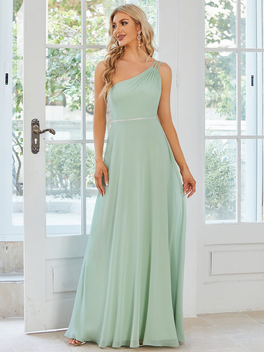 Flowy Chiffon One-Shoulder Bridesmaid Dress with Spaghetti Strap #color_Mint Green