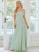 Flowy Chiffon One-Shoulder Bridesmaid Dress with Spaghetti Strap #color_Mint Green