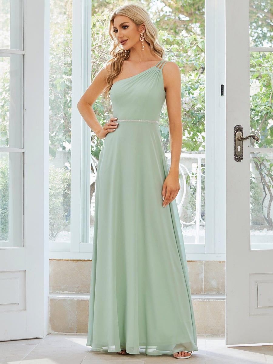 Custom Size Flowy Chiffon One-Shoulder Bridesmaid Dress with Spaghetti Strap #color_Mint Green