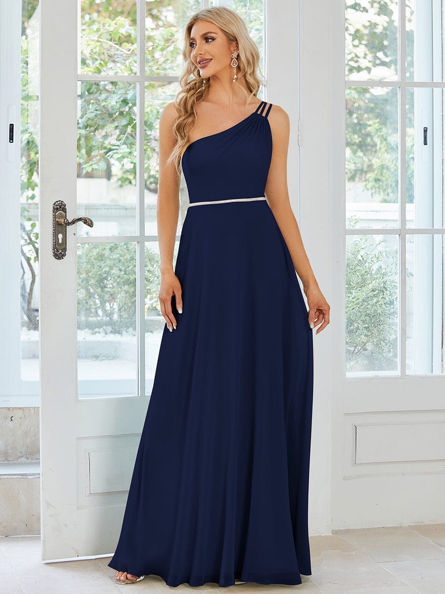 Flowy Chiffon One-Shoulder Bridesmaid Dress with Spaghetti Strap #color_Navy Blue