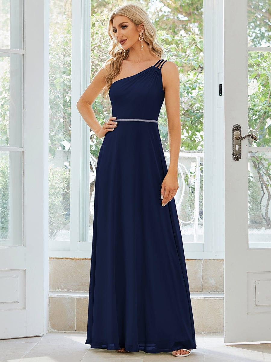 Flowy Chiffon One-Shoulder Bridesmaid Dress with Spaghetti Strap