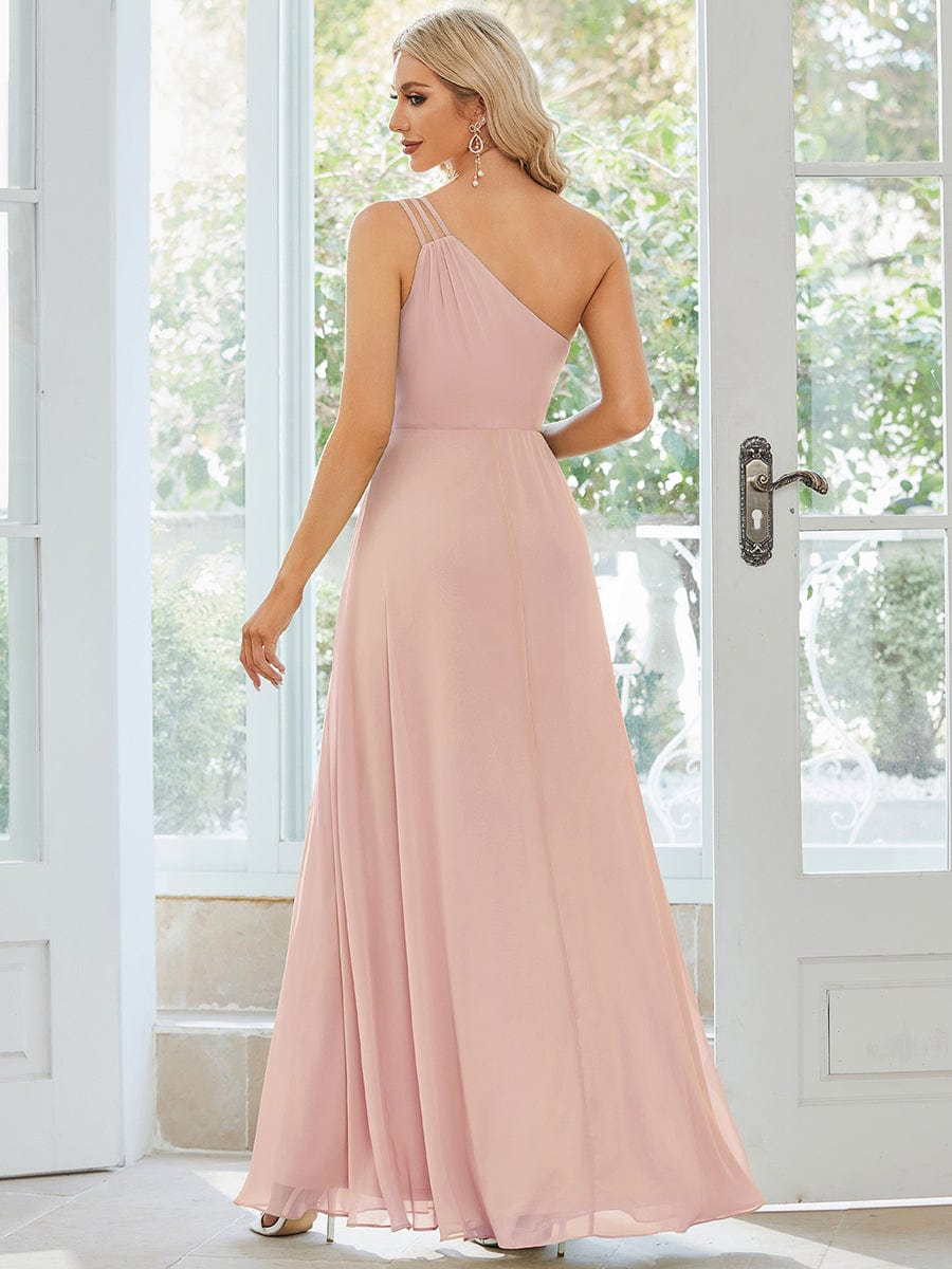 Custom Size Flowy Chiffon One-Shoulder Bridesmaid Dress with Spaghetti Strap #color_Pink