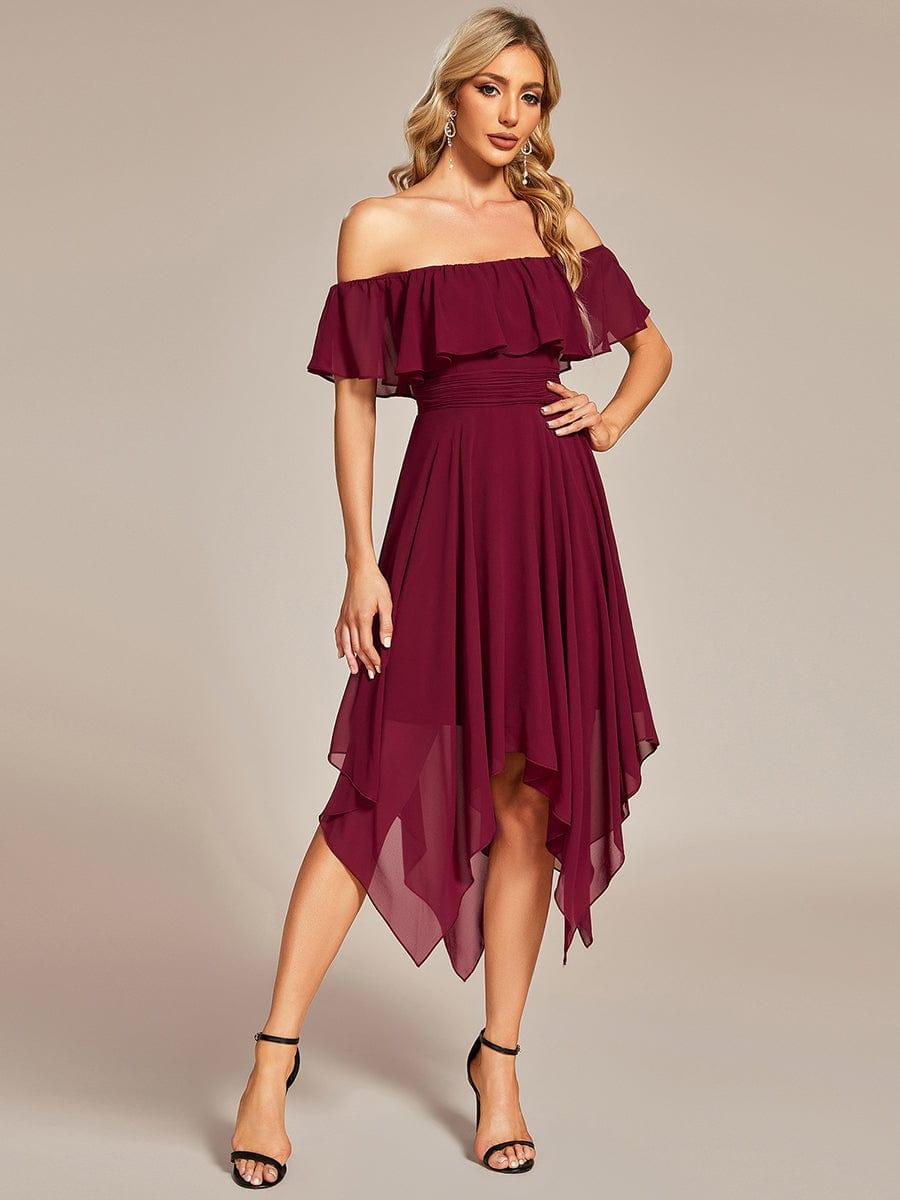 Flowy Off-The-Shoulder Bridesmaid Dress with Asymmetrical Hemline #Color_Burgundy