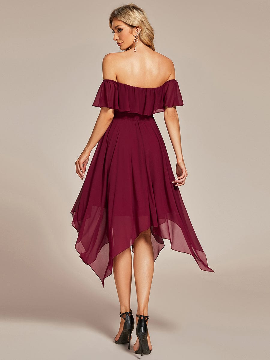 Flowy Off-The-Shoulder Bridesmaid Dress with Asymmetrical Hemline #Color_Burgundy