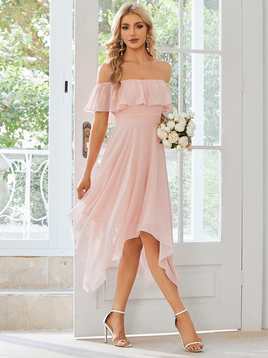 Flowy Off-The-Shoulder Bridesmaid Dress with Asymmetrical Hemline #Color_Pink