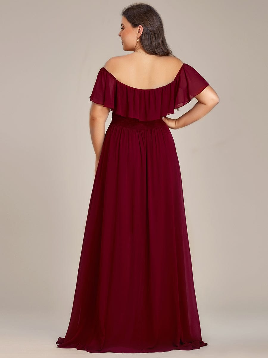 Plus Size Flowy Chiffon High-Low Off The Shoulder Bridesmaid Dress #color_Burgundy