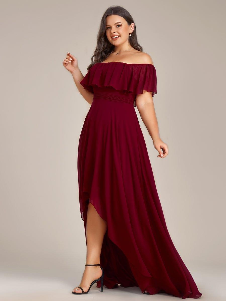 Plus Size Flowy Chiffon High-Low Off The Shoulder Bridesmaid Dress #color_Burgundy