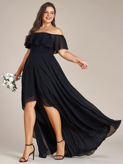 Plus Size Flowy Chiffon High-Low Off The Shoulder Bridesmaid Dress #color_Black