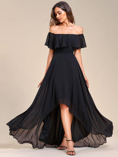 Lace Chiffon Long Bridesmaid Dress with Open Back  #Color_Black