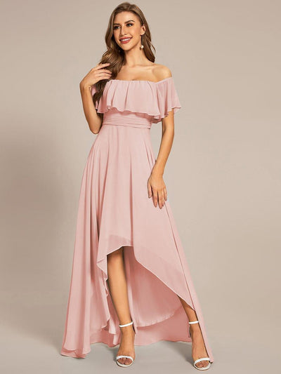 Lace Chiffon Long Bridesmaid Dress with Open Back  #Color_Pink
