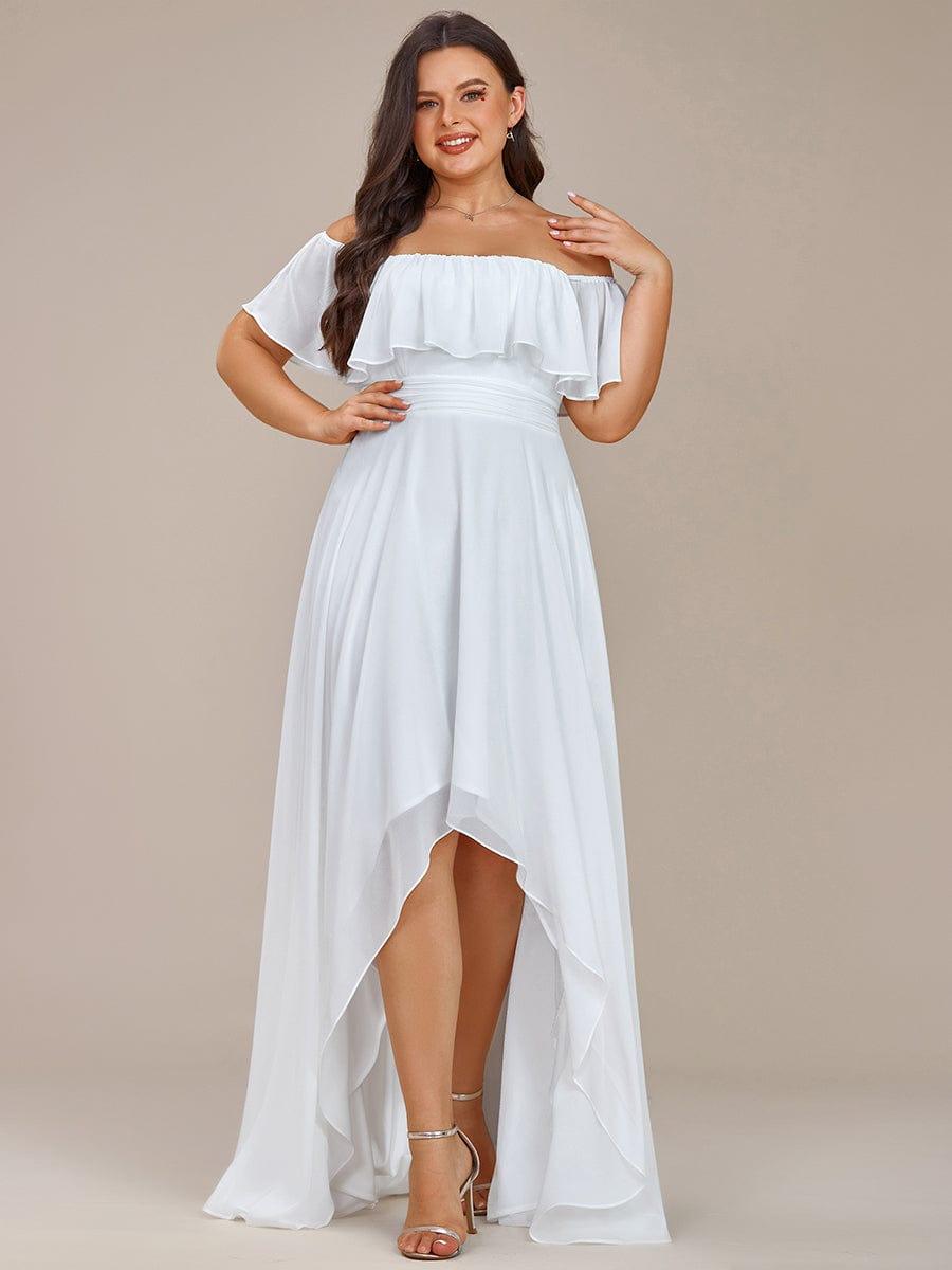 Plus Size Flowy Chiffon High-Low Off The Shoulder Bridesmaid Dress #color_White