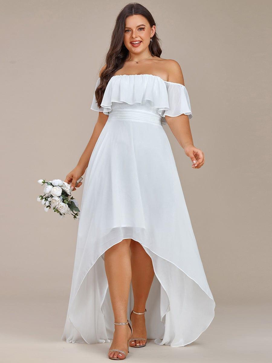 Plus Size Flowy Chiffon High-Low Off The Shoulder Bridesmaid Dress #color_White