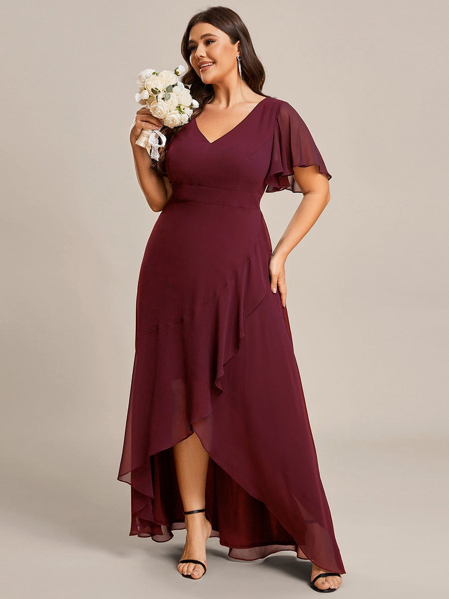 Plus Size Elegant Lotus Sleeves Chiffon Bridesmaid Dress #color_Burgundy