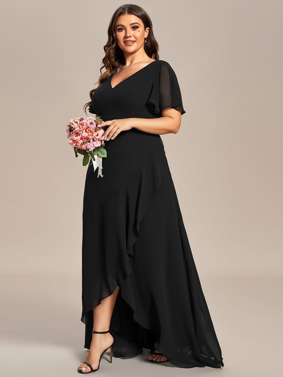Plus Size Elegant Lotus Sleeves Chiffon Bridesmaid Dress #color_Black
