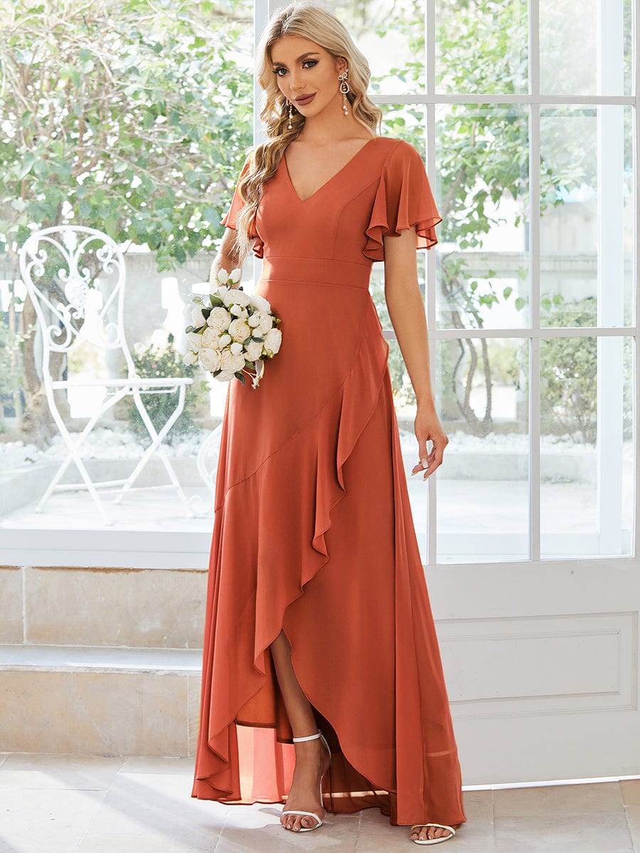 Elegant Chiffon High-Low Bridesmaid Dress with Lotus Leaf Hemline