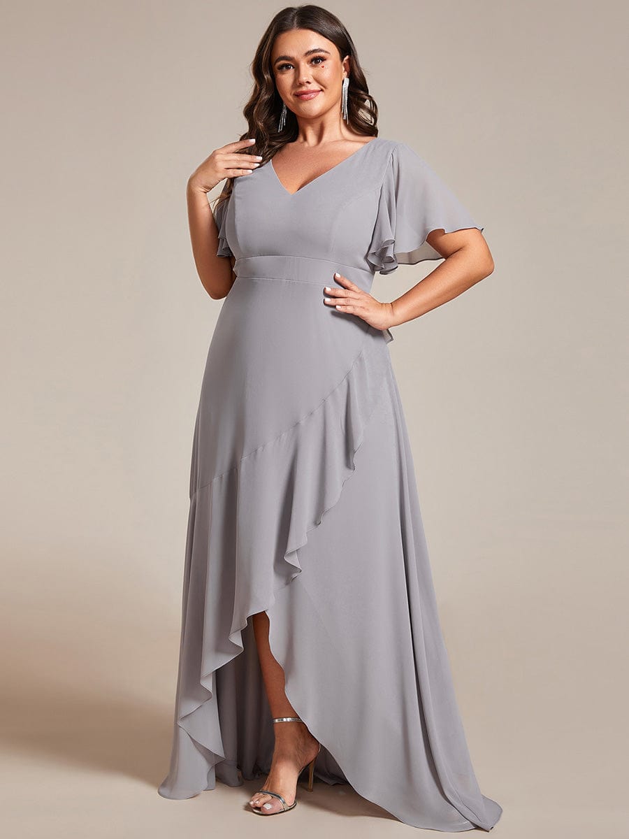 Plus Size Elegant Lotus Sleeves Chiffon Bridesmaid Dress #color_Grey