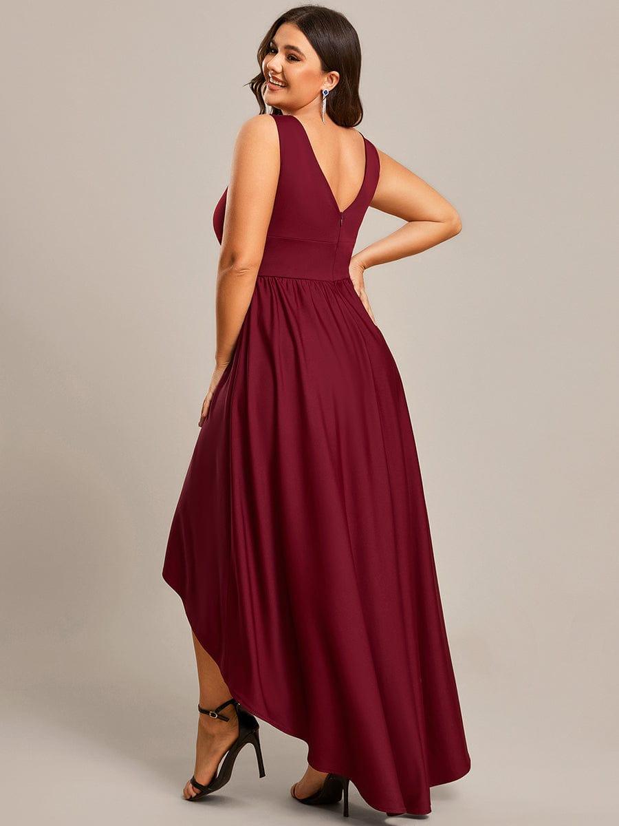 Plus Size Elegant High-Low Sleeveless Empire Waist Evening Dress #color_Burgundy