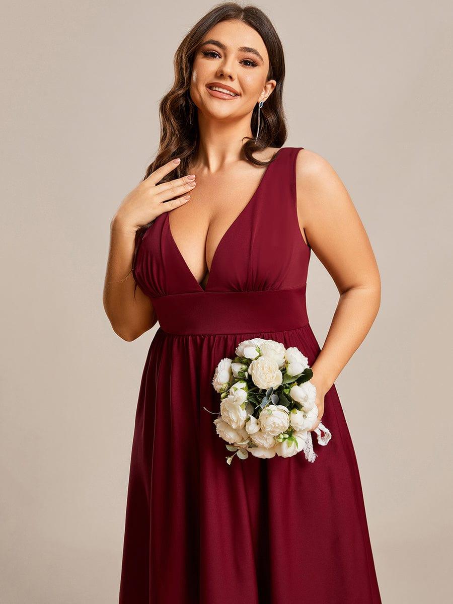 Plus Size Elegant High-Low Sleeveless Empire Waist Evening Dress #color_Burgundy