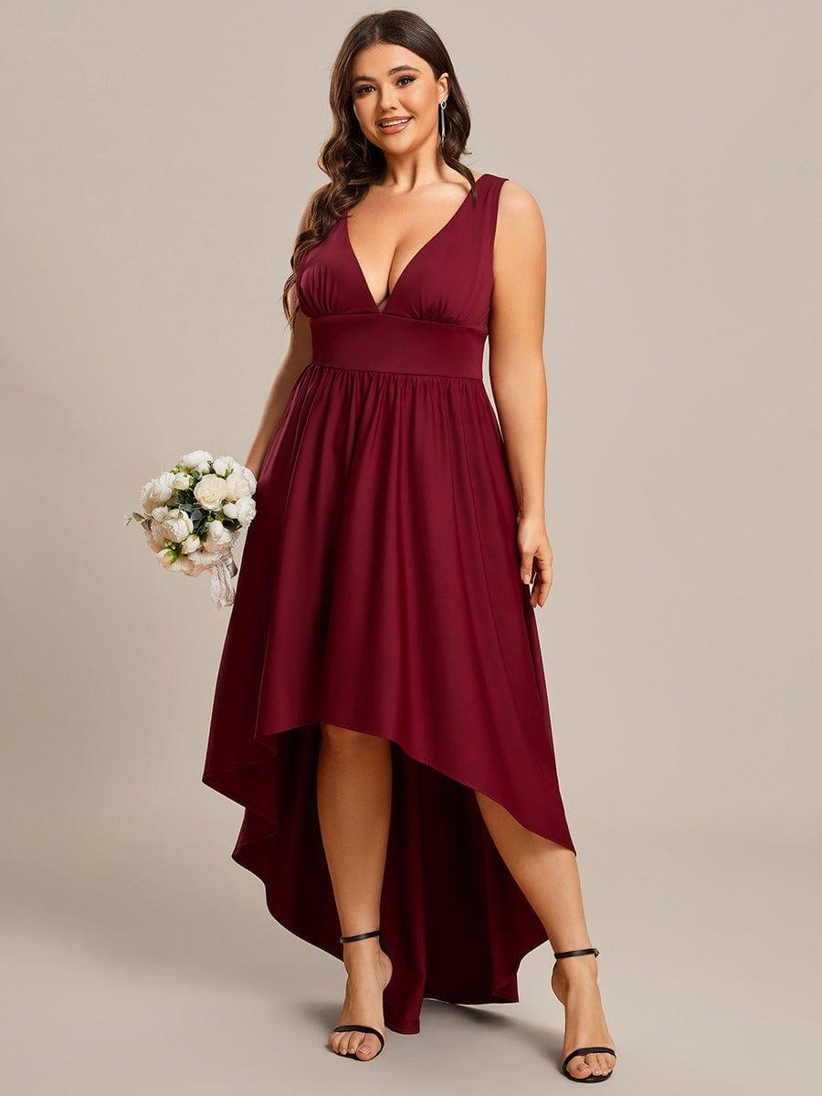 Plus Size Elegant High-Low Sleeveless Empire Waist Evening Dress #color_Burgundy