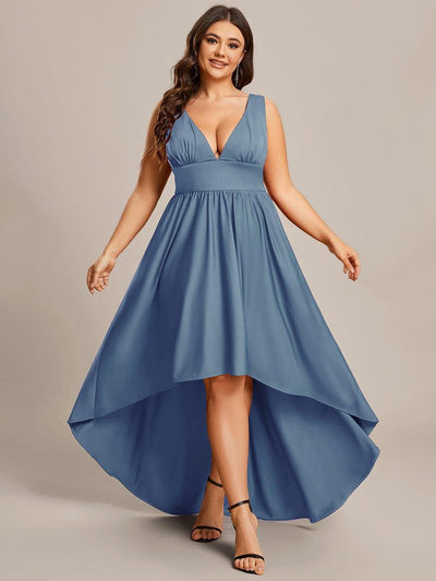 Plus Size Elegant High-Low Sleeveless Empire Waist Evening Dress #color_Dusty Blue