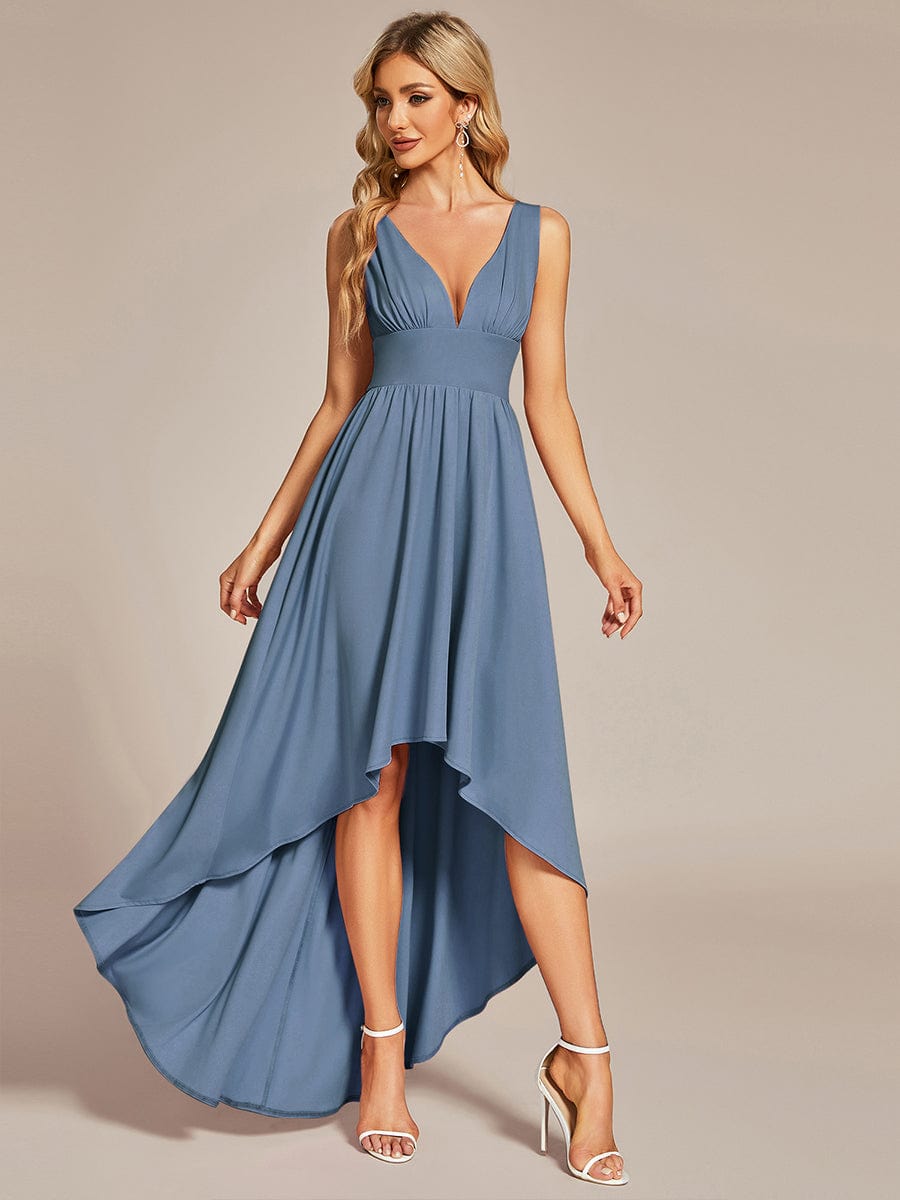 V-Neck Sleeveless High-Low Evening Dress with Stretchy