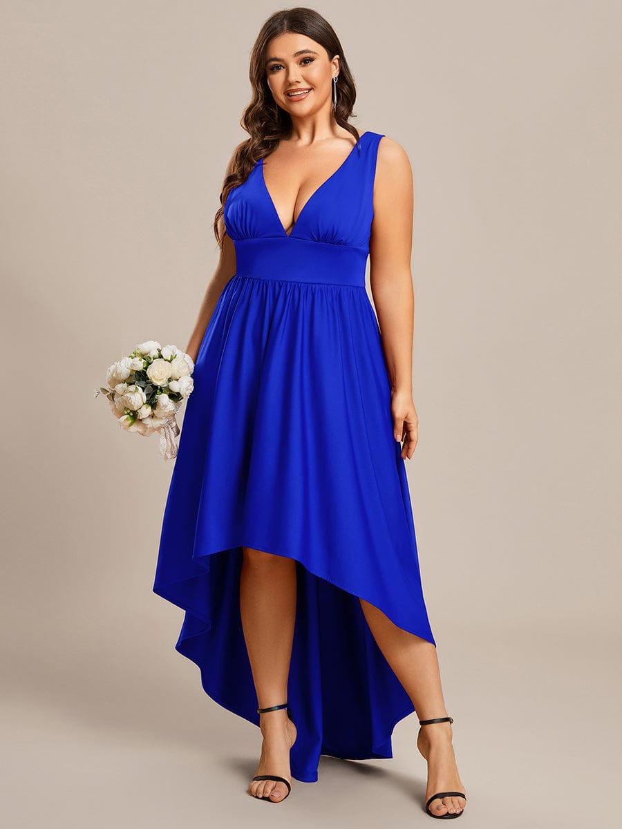 V-Neck Sleeveless High-Low Evening Dress with Stretchy #color_Sapphire Blue