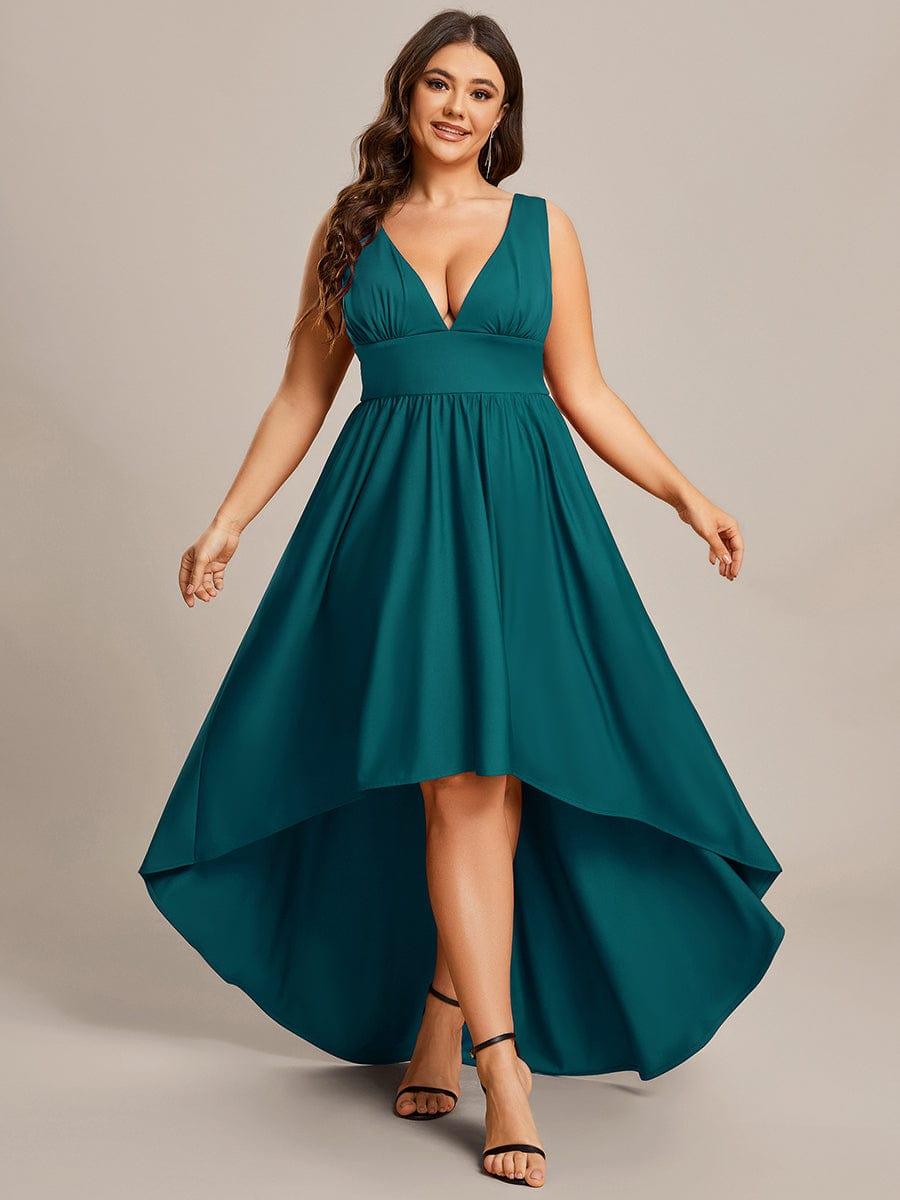 V-Neck Sleeveless High-Low Evening Dress with Stretchy #color_Teal