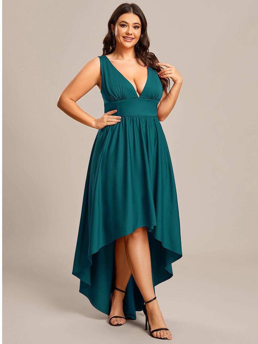 V-Neck Sleeveless High-Low Evening Dress with Stretchy #color_Teal